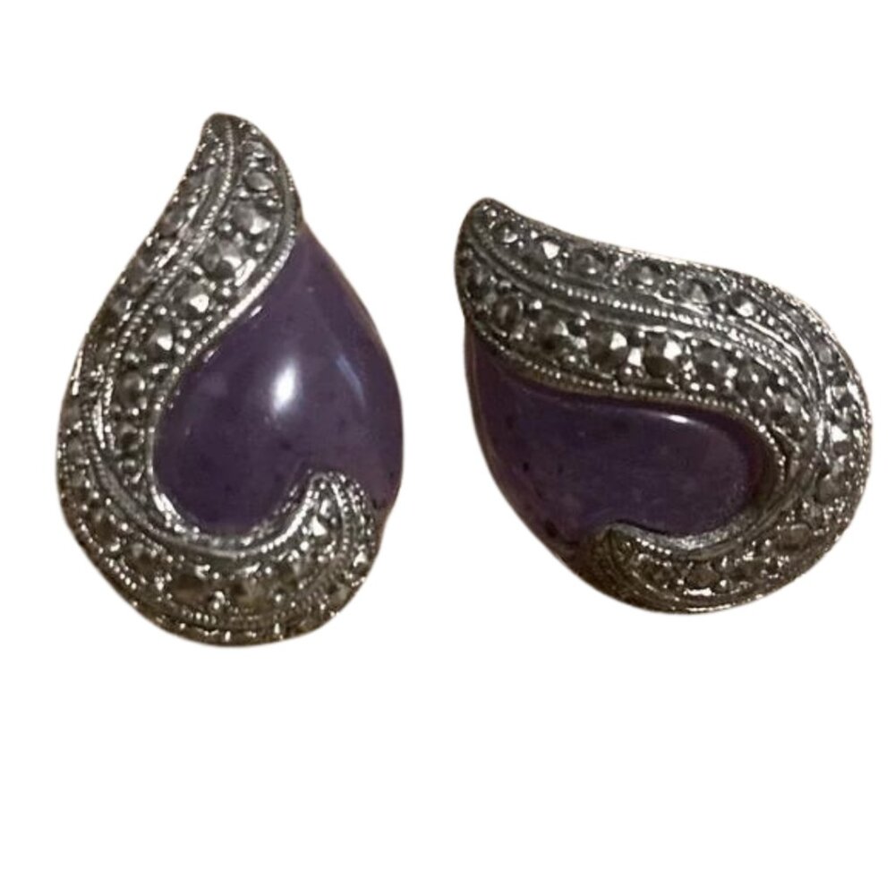 Vintage Avon 1992 Traditional Teardrop Faux Amethyst Marcasite Clip On Earrings